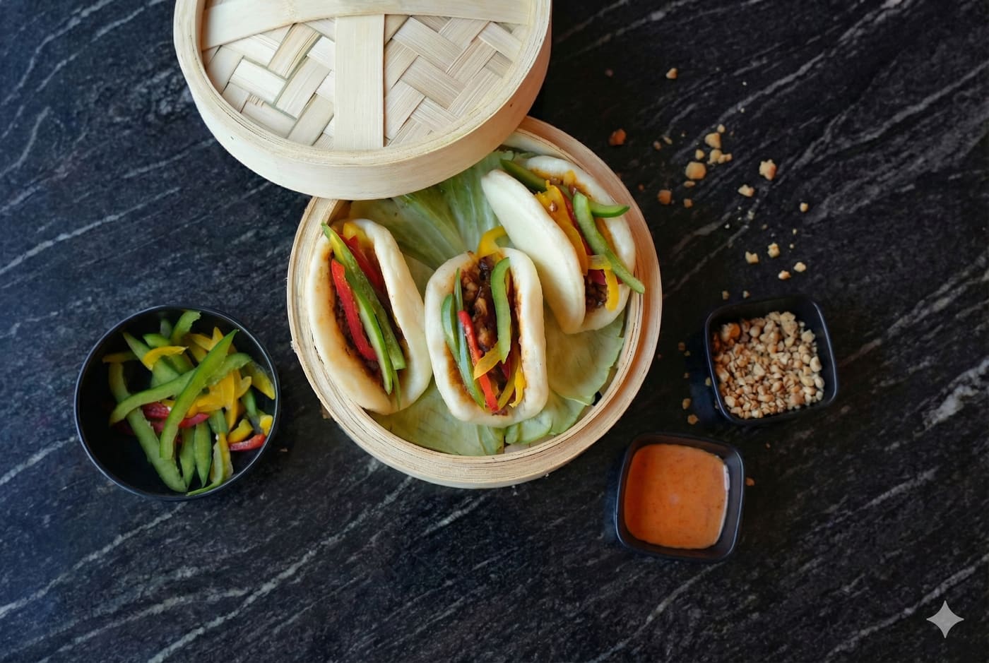 Crispy Veg Bao in bamboo basket