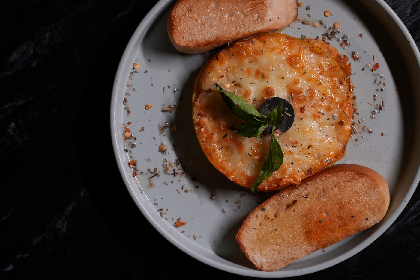 Lasagna al Forno with toasted bread, top view